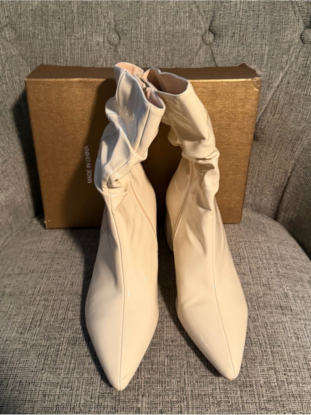 Women’s Patent Pointed-Toe Ankle Boots in Cream